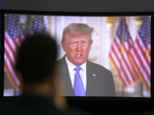 Former President Donald Trump spoke via video to attendees of the Iowa Faith & Freedom Coalition Spring Kick-Off on April 22. Data suggests Trump is weaker among college-educated white evangelical voters than he was in his 2016 campaign. SCOTT OLSON / GETTY IMAGES